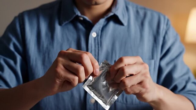Man holding a silver condom packet for safe sex