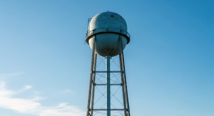 Industrial metal water tower with a spherical tank against a clear blue sky. Utility structure for community water storage.