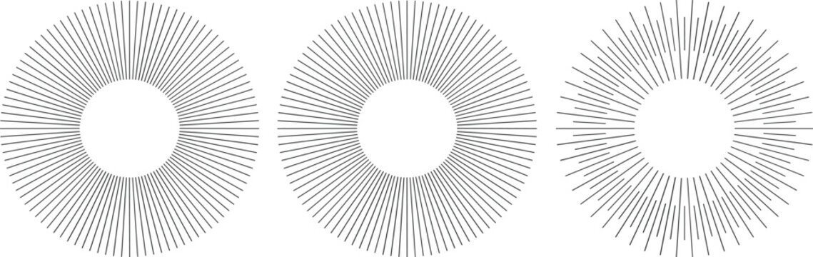 Dynamic minimalist vector sunburst set showcasing three distinct radial ray patterns in high-contrast black and white for modern graphic design emphasis.