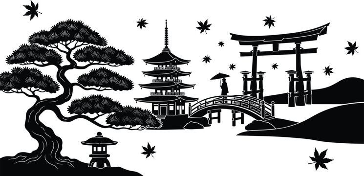 Japanese landscape silhouette with pagoda, torii gate, bridge, maple leaves, and traditional architecture, black vector illustration isolated on white