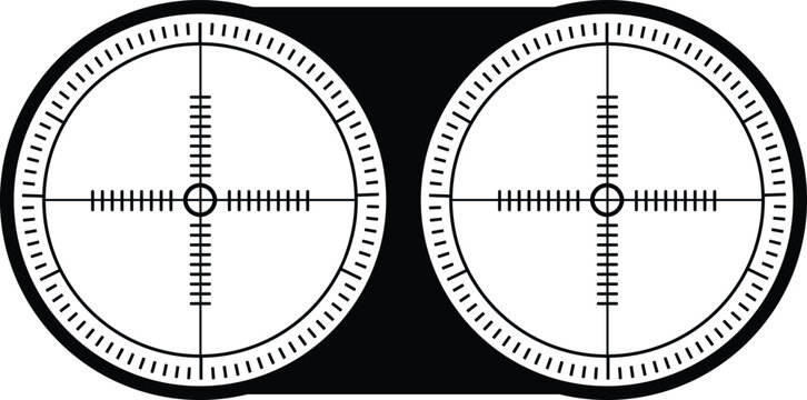 Black and white vector illustration of a binocular view with a precise mil-dot reticle, symbolizing military targeting, strategic focus, accuracy, and detailed surveillance operations.