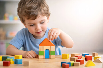 Boy playing with wooden blocks building a house, early childhood education and development concept.