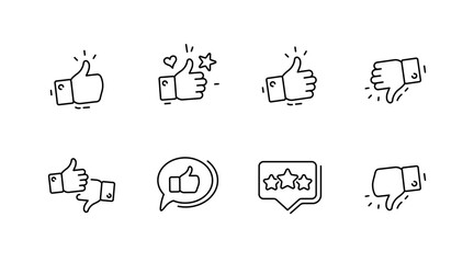 Hand-drawn thumbs up and thumbs down icons with speech and star bubbles © Svitlana