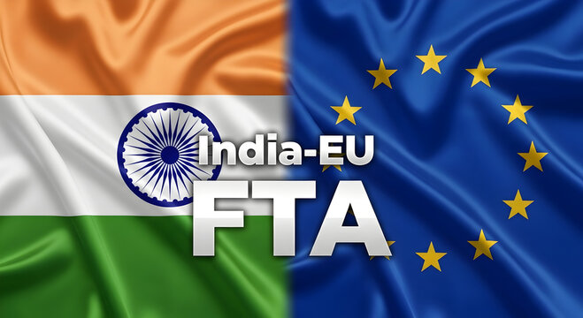 India and European Union flags with India-EU FTA text overlay
