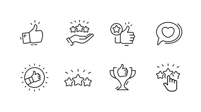 Minimalist black line icons set featuring thumbs up trophy star ratings and heart symbols