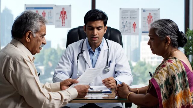 Indian doctor discusses medical reports with senior couple