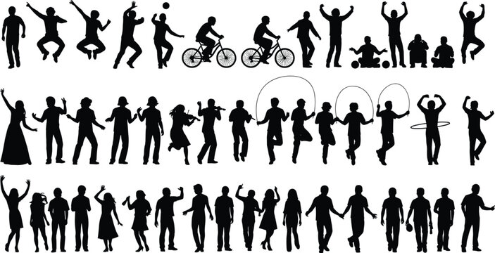 People silhouette collection with men, women, and children in active poses, jumping, cycling, playing, and everyday lifestyle activities in black vector set
