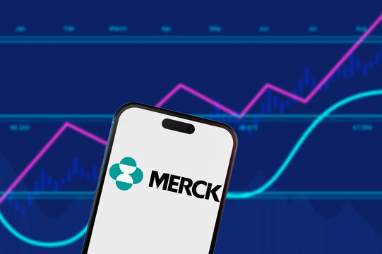 Brooklyn.New York.USA-13.02.2026: Merck & Co. logo on a smartphone screen with financial charts. Concept for healthcare sector stocks and pharmaceutical trading