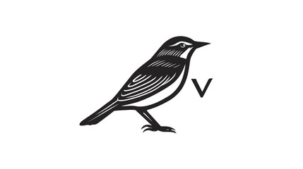Obraz premium Monochrome stylized bird illustration with initial V. Elegant black and white minimalist animal graphic for design elements.