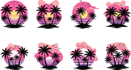 Tropical sunset palm tree silhouettes collection, vibrant retro vaporwave summer beach illustrations, pink purple sky, island paradise vector set