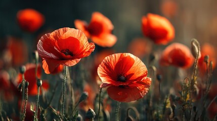 Poppy Field: A close-up view of vibrant red poppy flowers in full bloom. Capturing the exquisite beauty of nature.