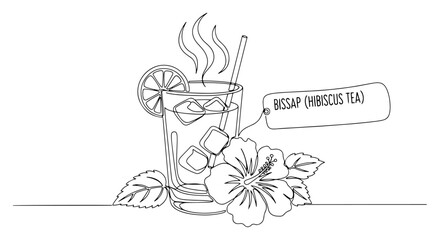 Continuous line illustration of a glass of refreshing cold hibiscus tea bissap with ice and flower © Cristiano