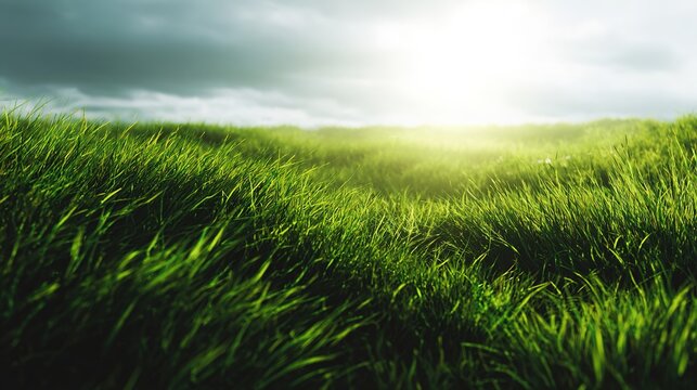 Vibrant Green Field Under Cloudy Sky: A vast field of lush, green grass sways gently under a dramatic, overcast sky, with the sun's rays piercing through the clouds.