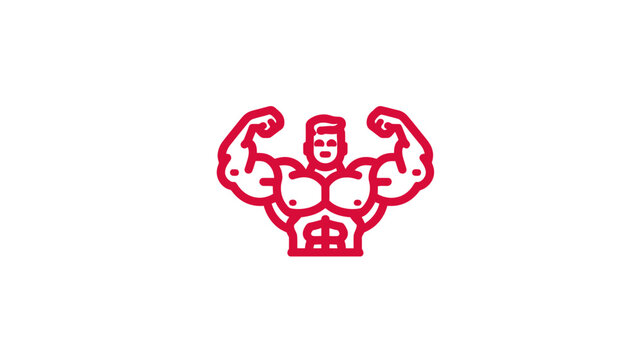 Strong, muscular man flexing biceps in a red line art icon on a white background, representing fitness, bodybuilding, power, and health.