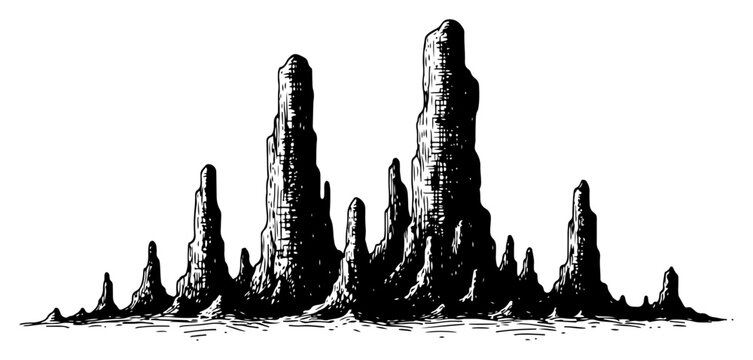 Hand drawn engraving style illustration of jagged sharp rock formations and stone spires