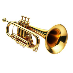 A vintage brass trumpet with intricate engravings and a polished golden finish isolated on transparent background