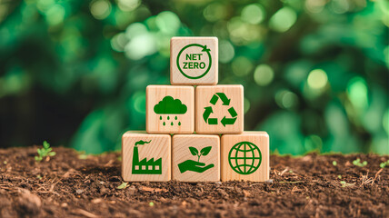 Net Zero" emissions concept depicted with eco-friendly icons on wooden blocks, symbolizing environmental sustainability and climate action goals
