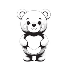Obraz premium Adorable cartoon panda standing and holding a heart in a cute black-and-white illustration.