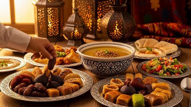 Festive Middle Eastern Ramadan Iftar Feast with Traditional Dishes Dates and Lanterns on a Wooden Table in Warm Cozy Lighting