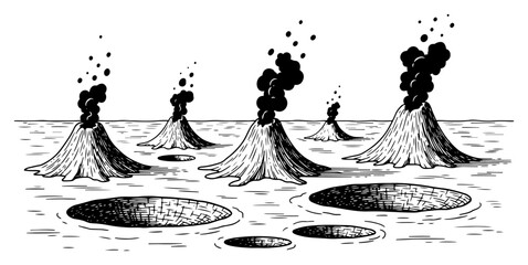 Hand drawn engraving of a volcanic landscape with smoking vents and deep craters © Cristiano