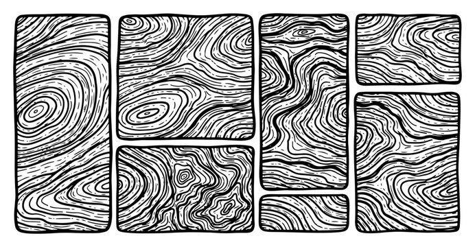 Vintage engraving style wood grain texture pattern set on rectangular blocks