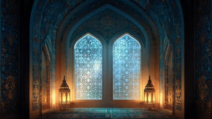 Obraz premium Beautiful room with traditional Arabic lanterns and intricate blue and gold decor