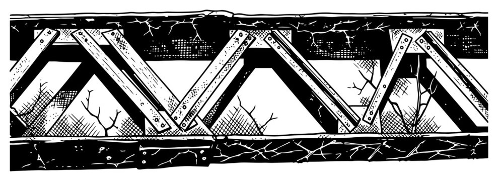 Horizontal decorative border of a rustic wooden bridge structure in vintage woodcut style