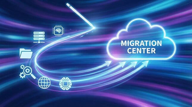 A glowing cloud with migration center for data transfer and cloud computing