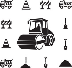  Heavy Machinery and Road Construction Icon Set in Flat Vector Style