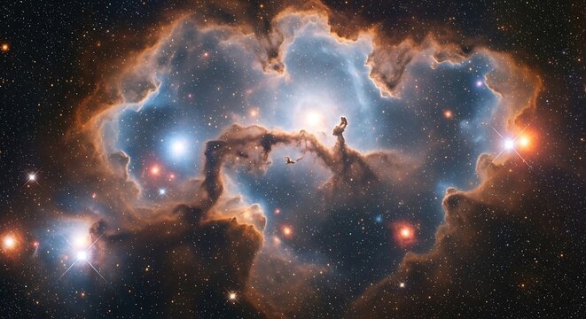 Stunning cosmic nebula with glowing stars and dark dust clouds in deep space
