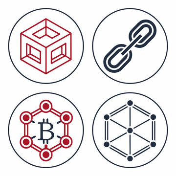 Four circles with blockchain and network icons Vector