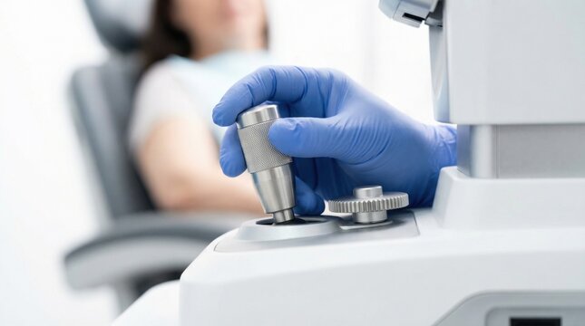 Ophthalmologist hand adjusting joystick of fundus camera