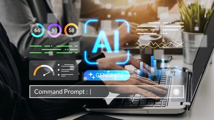 Hands typing on laptop with AI interface, data visualization, command prompt, and digital metrics, showcasing technology concept in modern workspace Gluon.