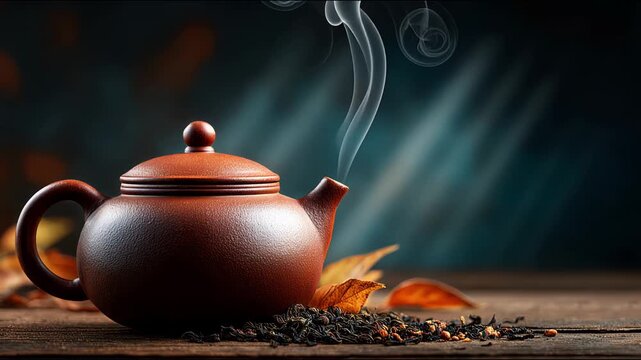 Brown ceramic teapot with steam rising from spout, surrounded by loose tea leaves and autumn leaves on wooden table, creating a warm and inviting atmosphere
