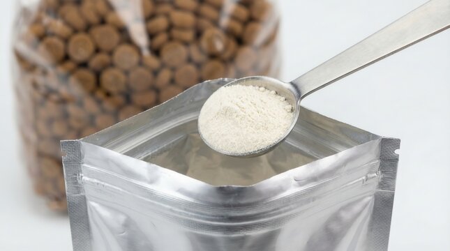 Spoon scooping chitosan powder from medical foil pouch