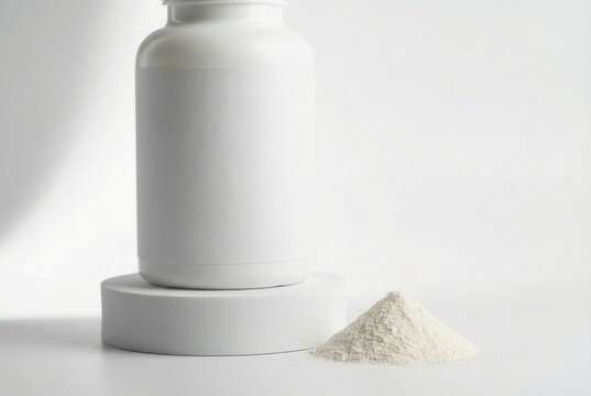 White plastic supplement bottle with pile of chitosan powder