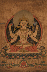 Fototapeta premium Ancient Vintage Thangka of Goddess Kali - Worn Silk Texture