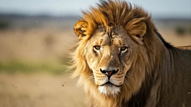 Majestic male lion portrait in the African savanna