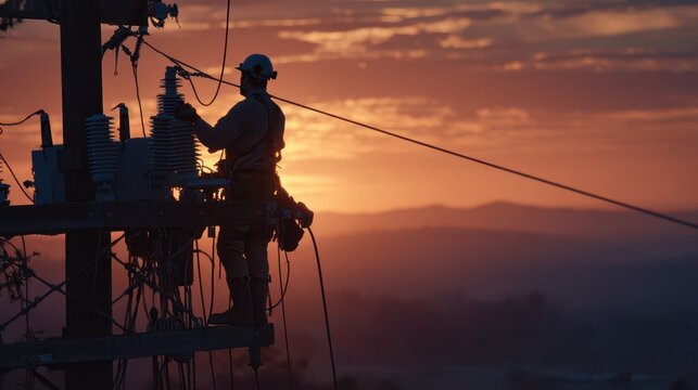 Silhouette lineworker performing pole-top maintenance on a transformer at sunset