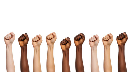 Diverse arms raised in unity on isolated on transparent background