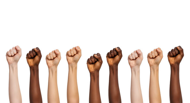 Diverse arms raised in unity on isolated on transparent background