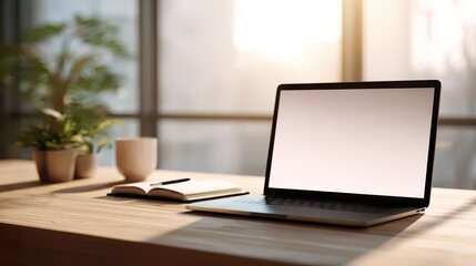 Fototapeta premium Laptop with blank screen placed on a clean table in a neutral, serene study