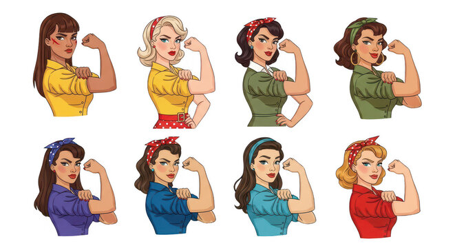 Eight rosie the riveter style women flexing isolated on transparent background