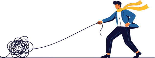 Businessman untangling red messy problem line