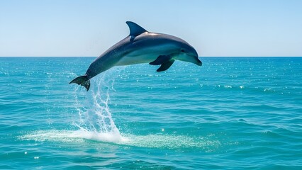 Fototapeta premium Dolphin jumping out of the ocean on a sunny day with clear blue water