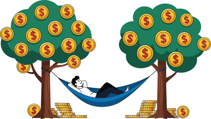 Man relaxing in hammock under trees with gold coins