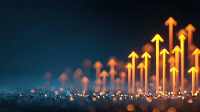 Growth Ascent: Dynamic orange arrows ascend against a deep blue backdrop, representing growth, progress, and upward mobility, symbolizing achievement and success.