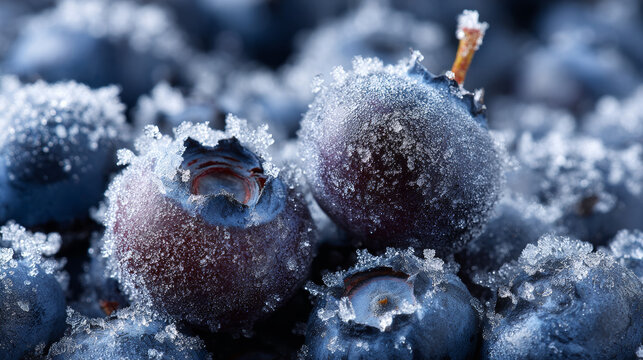 Macro view of blueberries with frost crystals on top