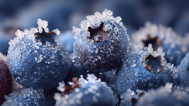 Macro view of blueberries with frost crystals on top