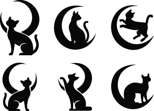 A cohesive set of six black-and-white silhouettes showing playful and elegant cat poses interacting with crescent moons. Each icon offers a distinct mood&mdash;sitting, stretching, jumping, and contemplativ